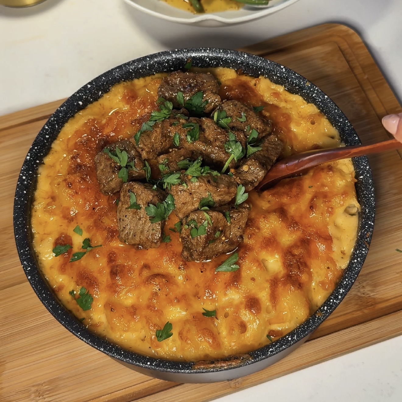 Garlic Butter Steak Bites with Creamy Baked Mac & Cheese